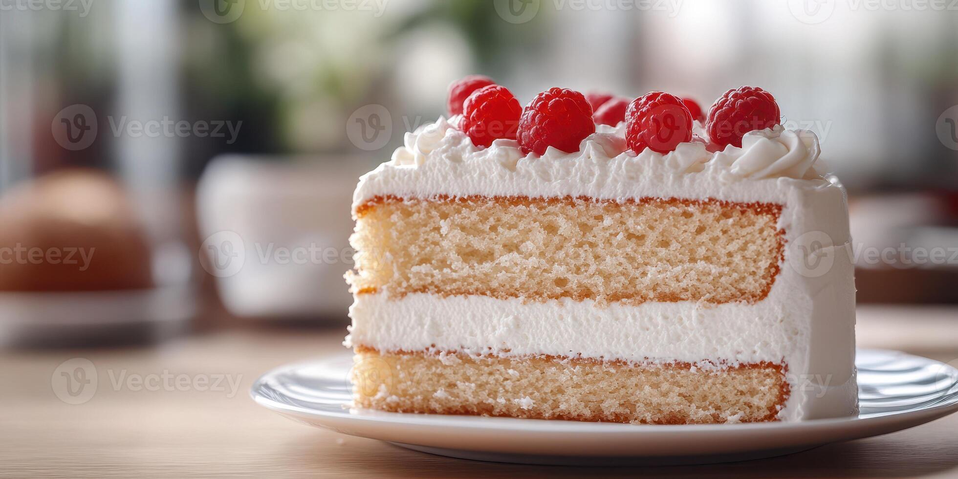 Delicious cake slice topped with fresh raspberries served on a white plate in a cozy cafe setting during afternoon photo