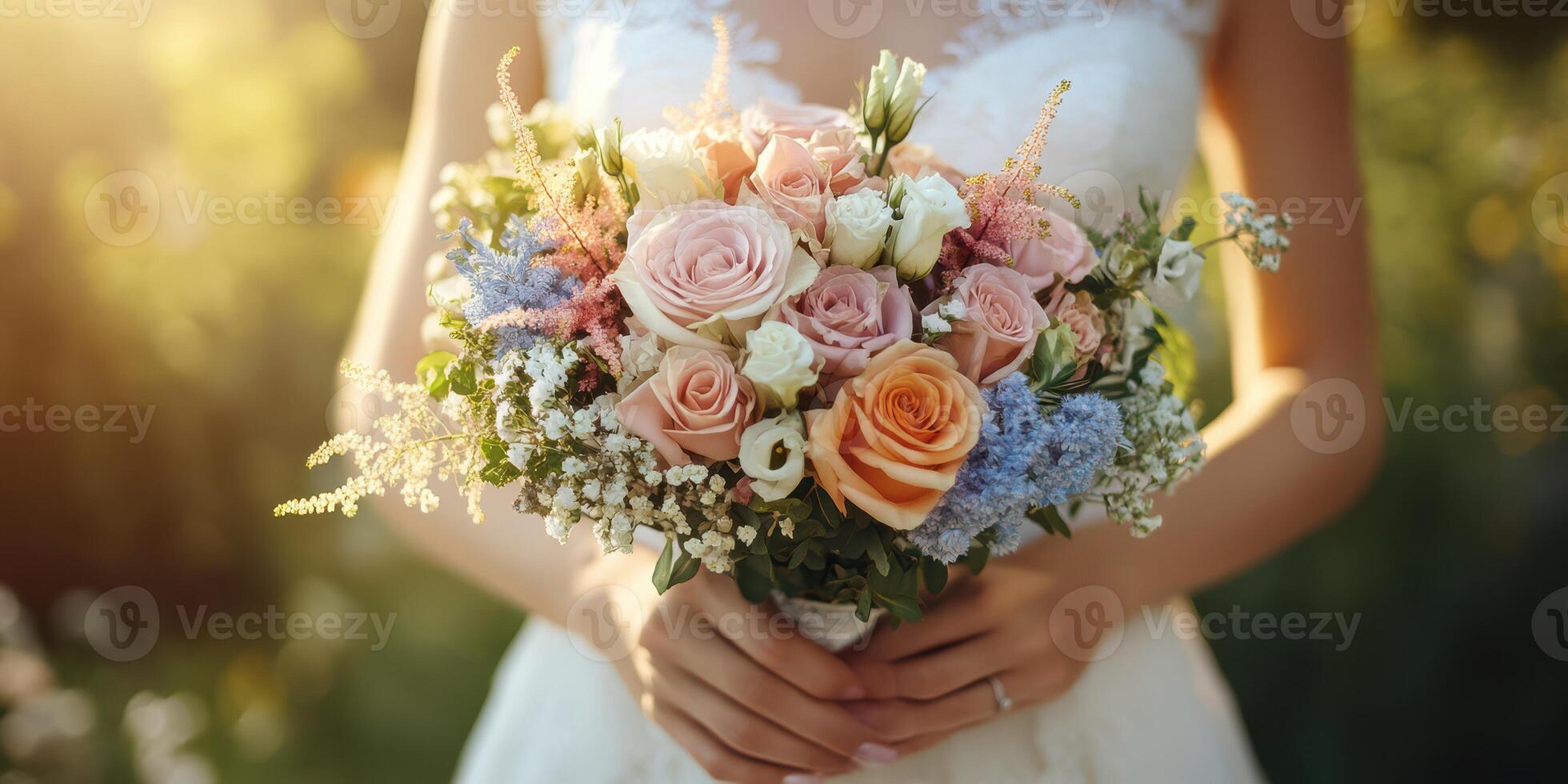 Beautiful bride holding a bouquet of pastel roses and wildflowers in a sunlit garden during an outdoor wedding ceremony photo