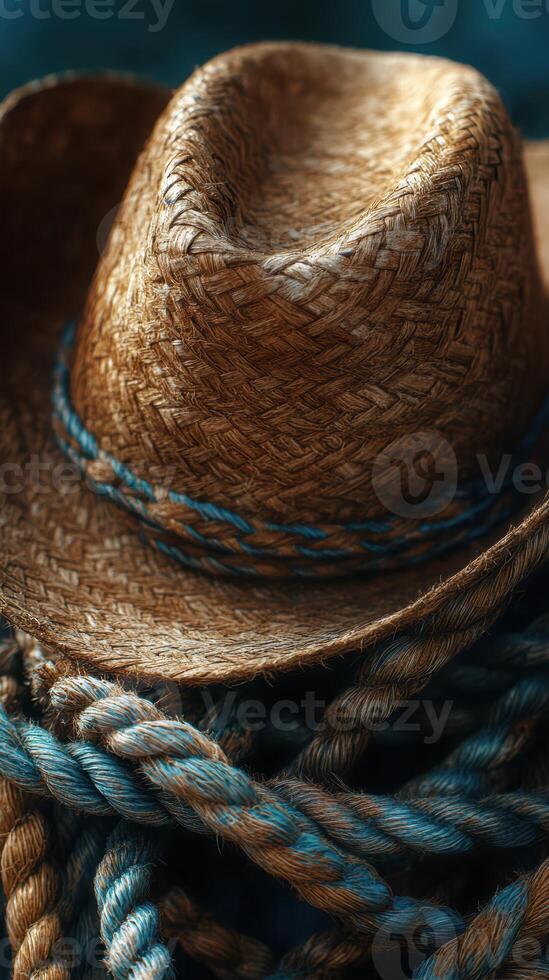 Woven straw hat rests atop coiling ropes in a rustic setting highlighting craftsmanship and outdoor life photo