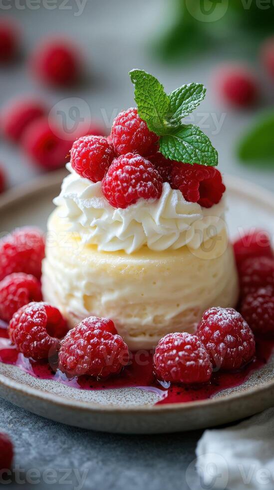Delicious dessert featuring creamy cheesecake topped with fresh raspberries and mint on a rustic plate in a cozy setting photo