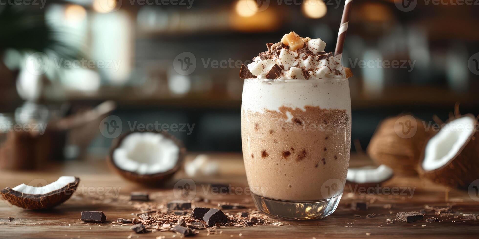 Refreshing coconut and chocolate beverage served in a clear glass with toppings in a cozy cafe setting photo