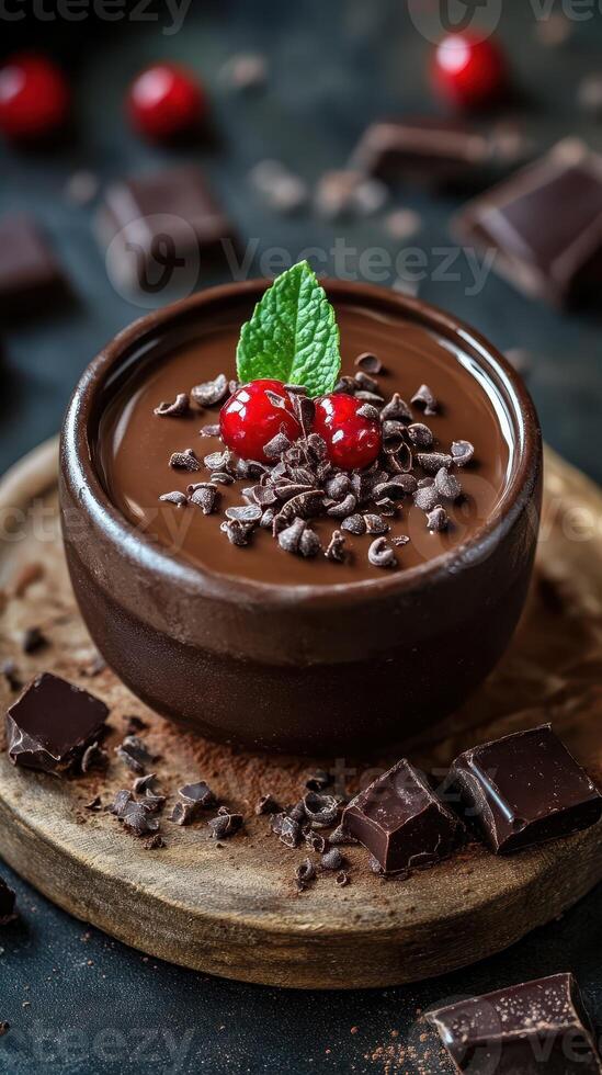 Indulgent chocolate mousse topped with cherries and mint served in a rustic bowl on a wooden platter photo