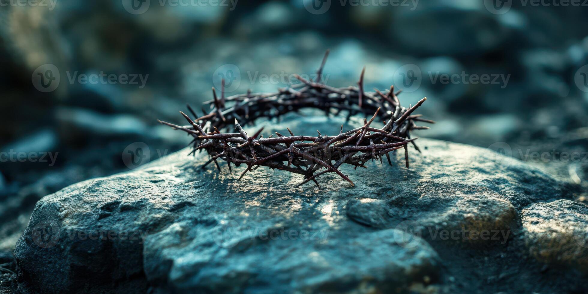 Crown of thorns resting on a stone in a solemn natural setting conveys deep symbolism and reverence photo