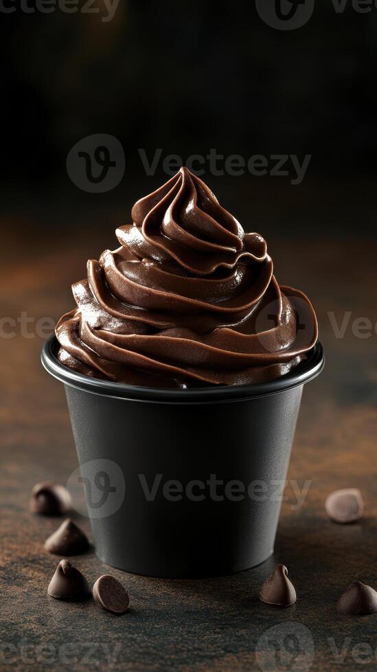 Delicious chocolate swirl dessert served in a black cup on a rustic surface with chocolate chips scattered around photo