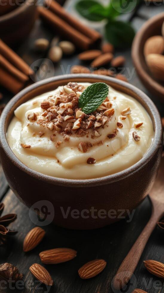 Delicious creamy dessert topped with chopped nuts and mint leaf on rustic wooden table photo