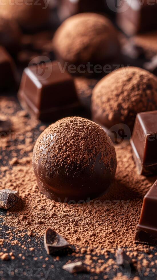 Chocolate truffles and squares arranged on a dark surface with cocoa powder sprinkled around them photo