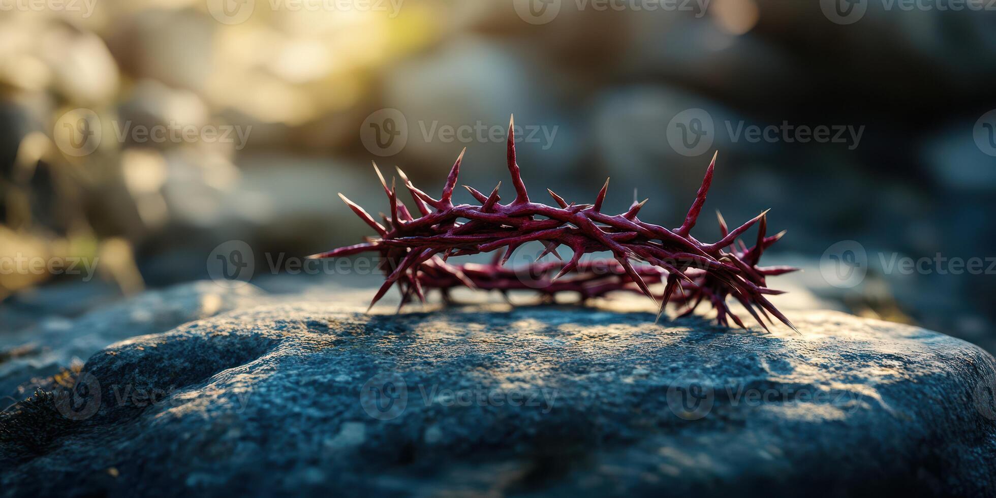 Representing sacrifice, a thorny crown lies on a stone in natural light during the golden hour at an outdoor location photo