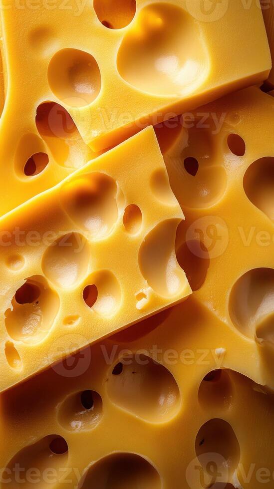Cheese blocks with holes displayed together against a plain background for culinary inspiration photo
