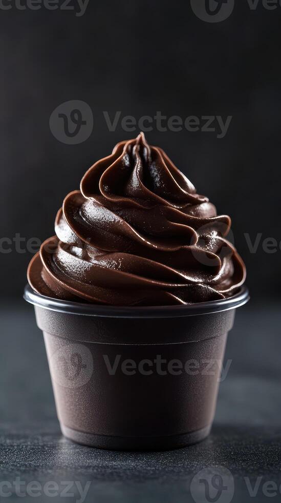 Rich chocolate soft serve dessert in a cup on a dark background with smooth swirls and glossy finish photo