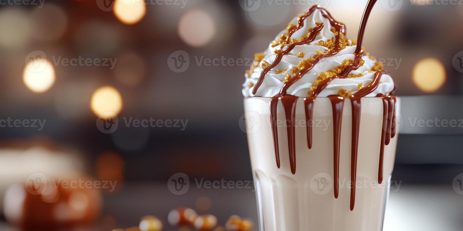 Delicious dessert topped with whipped cream and chocolate drizzles served in a glass at an evening cafe photo