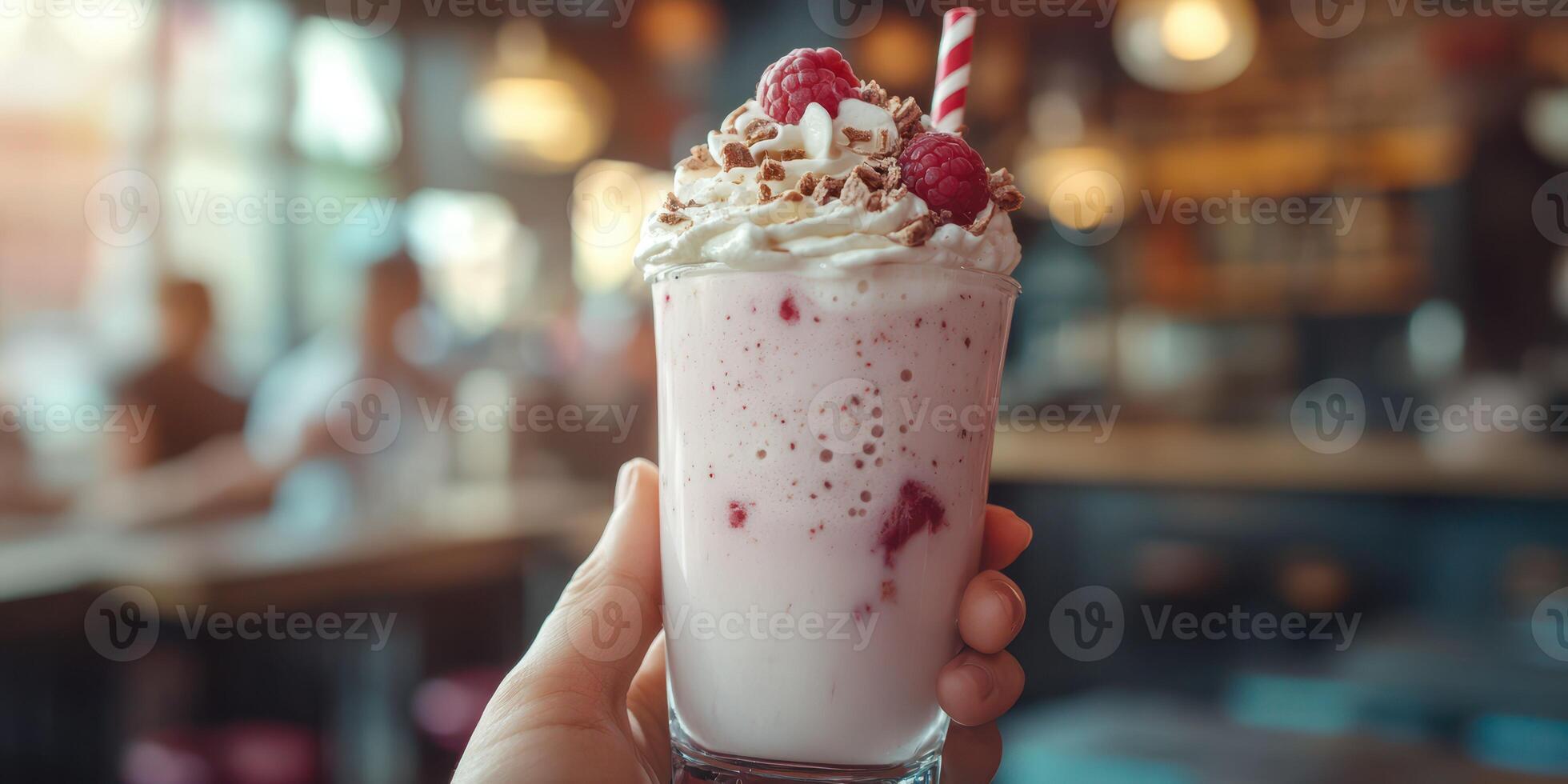 Delicious raspberry milkshake served in a cozy cafe during the afternoon with customers enjoying their drinks photo