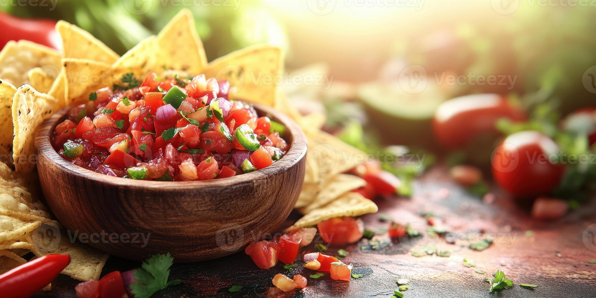 Fresh salsa served with tortilla chips on a rustic wooden table in bright sunlight photo