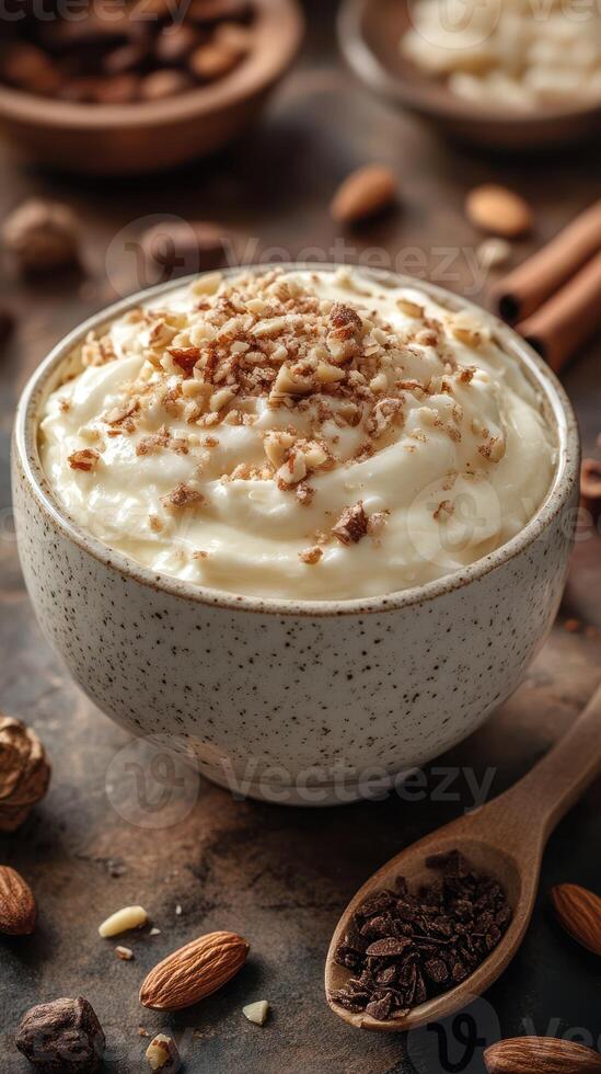 Creamy dessert topped with crushed nuts in a rustic bowl surrounded by spices and other ingredients photo