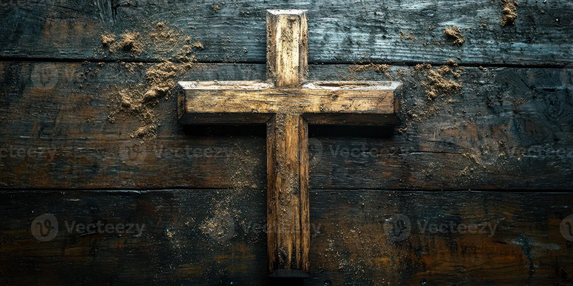 Wooden cross displayed on a rustic wooden surface with sandy texture and a serene ambiance in a dimly lit room photo