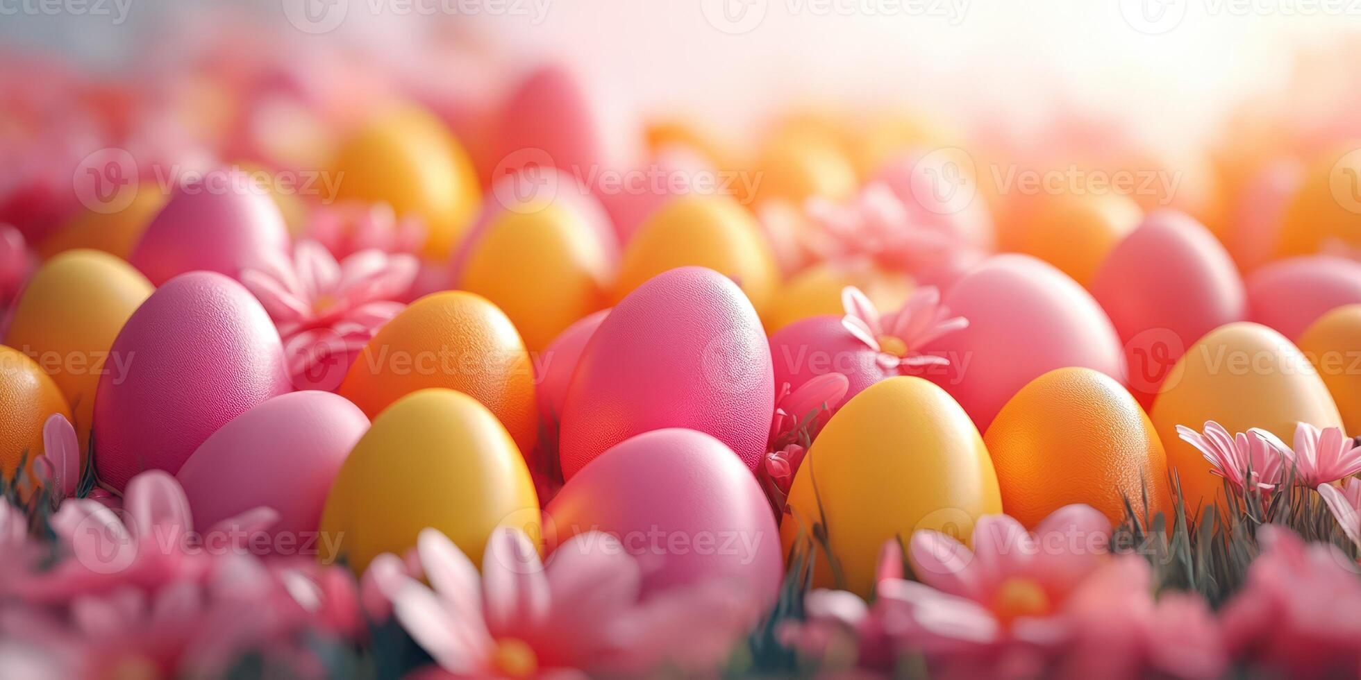 Colorful Easter eggs surrounded by vibrant flowers in a festive spring setting photo