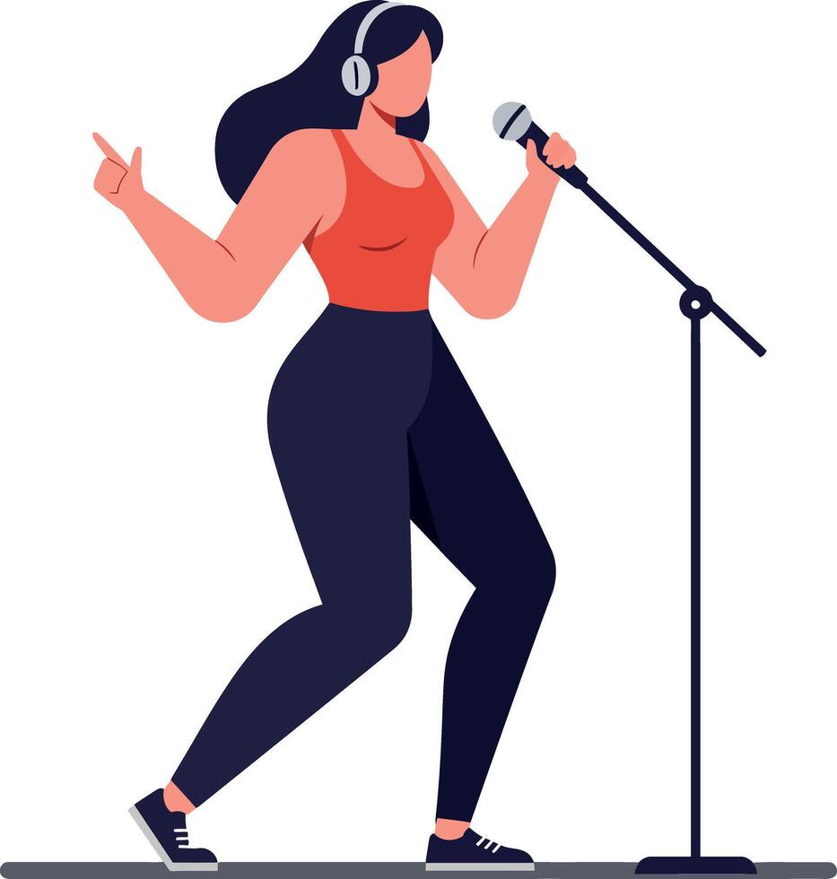 A young woman singing passionately into a microphone while wearing headphones in a vibrant, energetic flat illustration vector