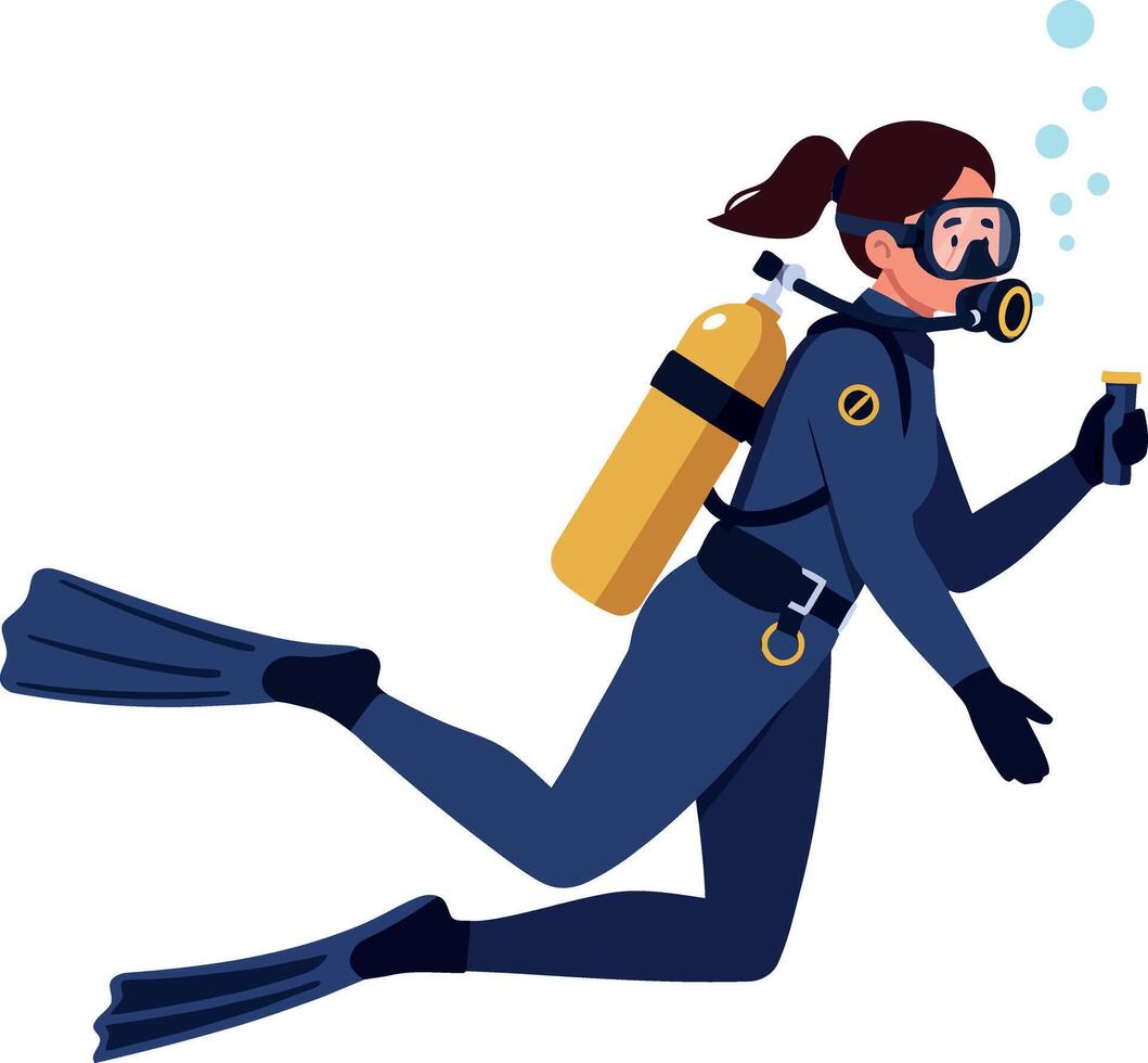 A scuba diver in a sleek wetsuit exploring underwater, surrounded by bubbles, detailed flat illustration showcasing adventure and curiosity in the ocean depths, art vector