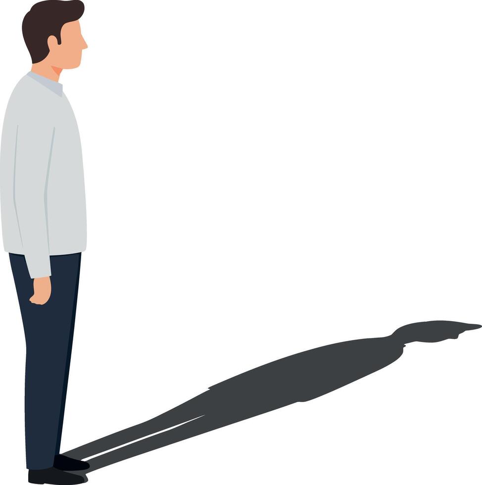 A man standing in a grey sweater casts a long, dramatic shadow on the floor in flat art vector