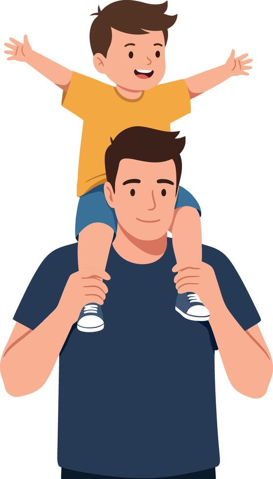 A joyful father carrying his excited son on his shoulders in a flat, colorful illustration depicting playful bonding and happiness vector