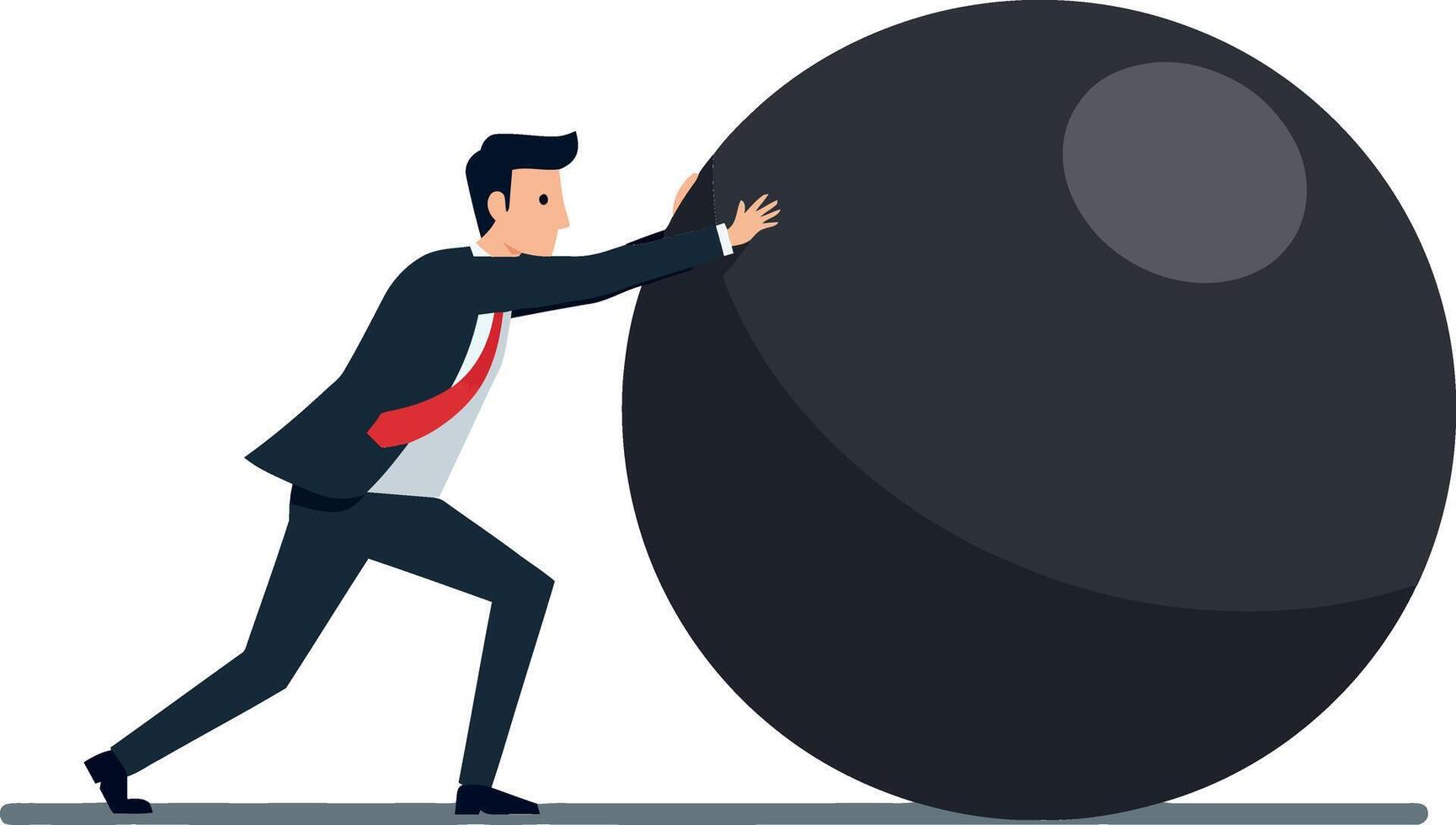 A determined businessman in a suit pushing a large black boulder uphill, showcasing a flat design style in art vector