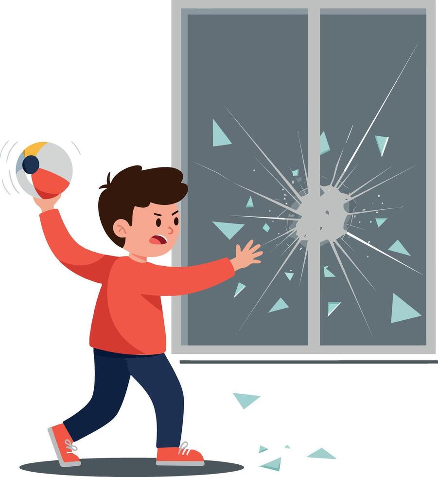 A young boy in a red shirt angrily throwing a ball through a window in a minimal illustration showcasing frustration and mischief vector
