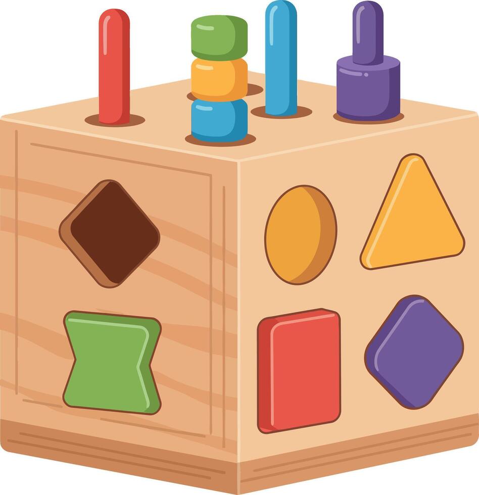 Colorful wooden shape sorter toy with various geometric shapes in a flat design illustration vector