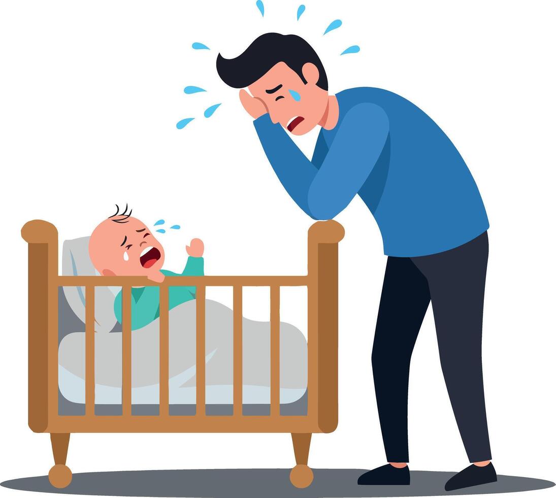 A distressed father standing beside a crib with a crying baby in a flat, colorful illustration depicting the challenges of parenthood and emotional connection in a home setting. vector