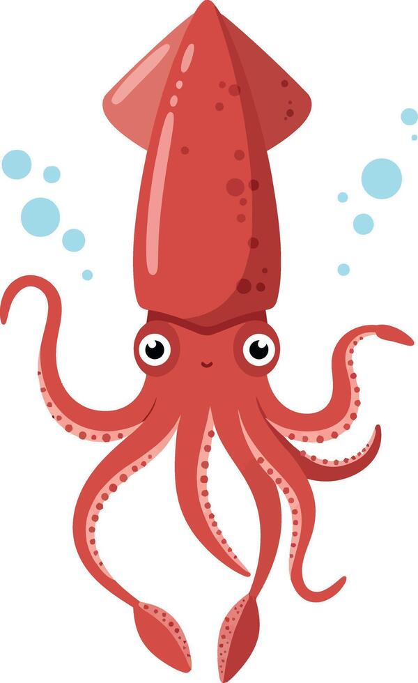 A playful red squid with big eyes swimming in a blue ocean, showcasing a flat design style, perfect for art vector