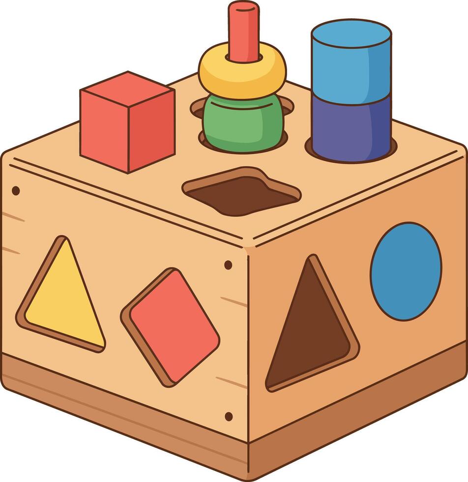 Colorful wooden shape sorter toy with various geometric shapes in flat design art vector