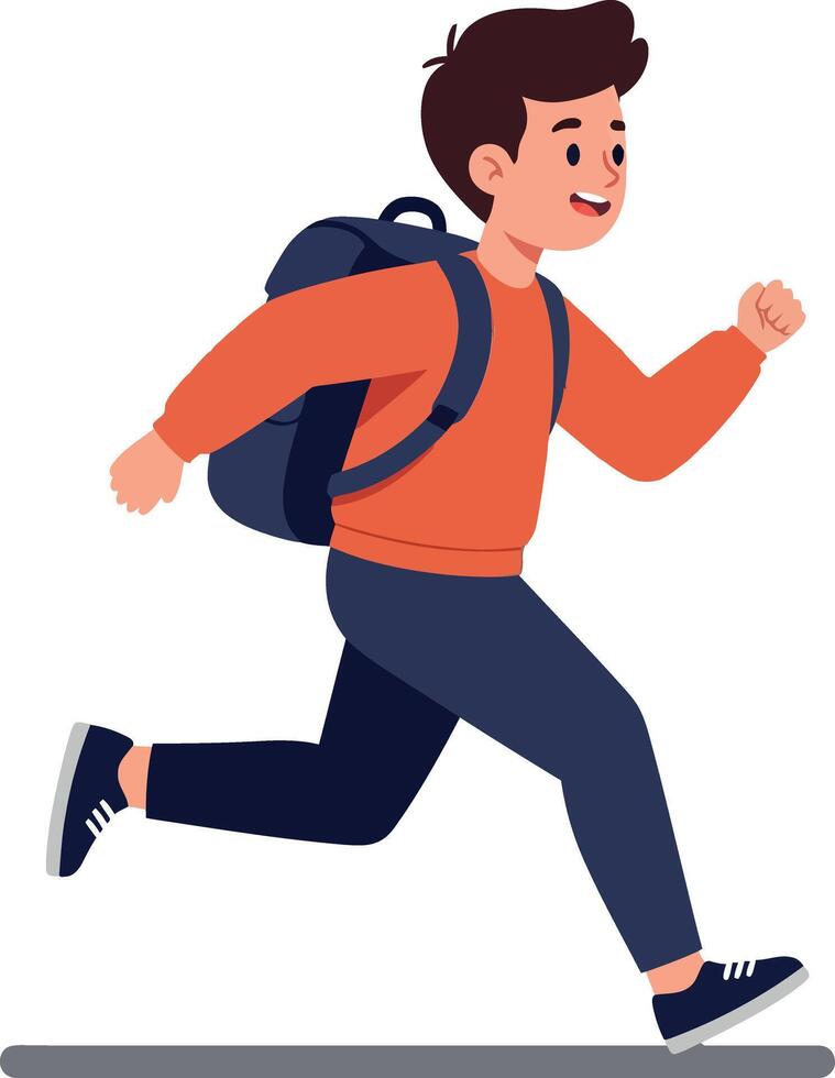 Happy boy running energetically with a backpack while wearing a bright orange sweater and navy blue pants in a flat illustration vector