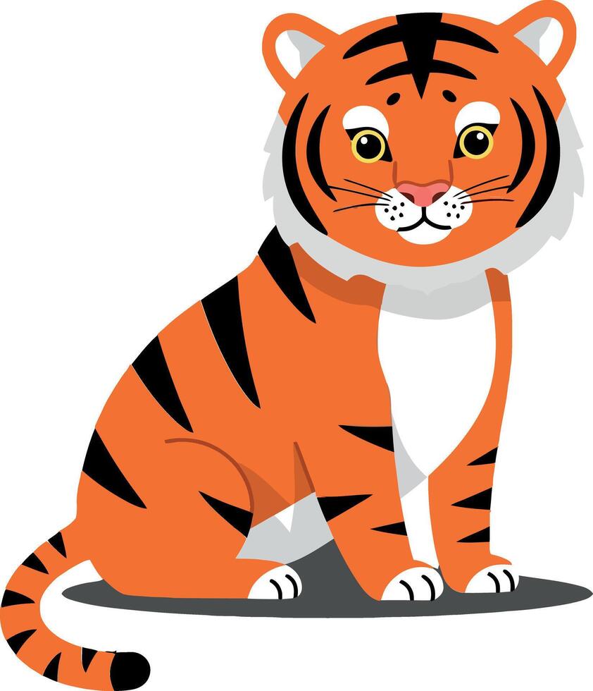 Playful orange tiger with black stripes in a flat design style, showcasing a friendly demeanor, sitting gracefully, perfect for childrens illustration vector