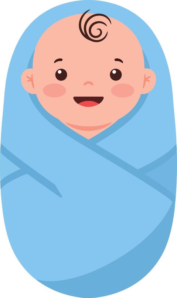 Cute smiling baby wrapped in a soft blue blanket, showcasing flat design style in cheerful art vector