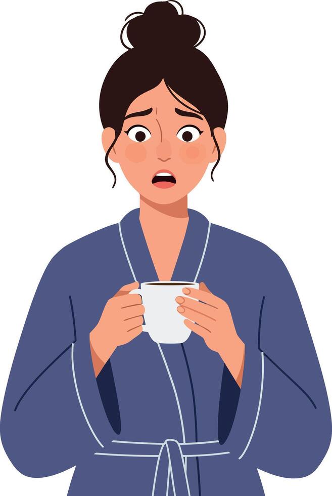 Woman in blue robe holding a white cup with a concerned expression in a flat illustration style vector