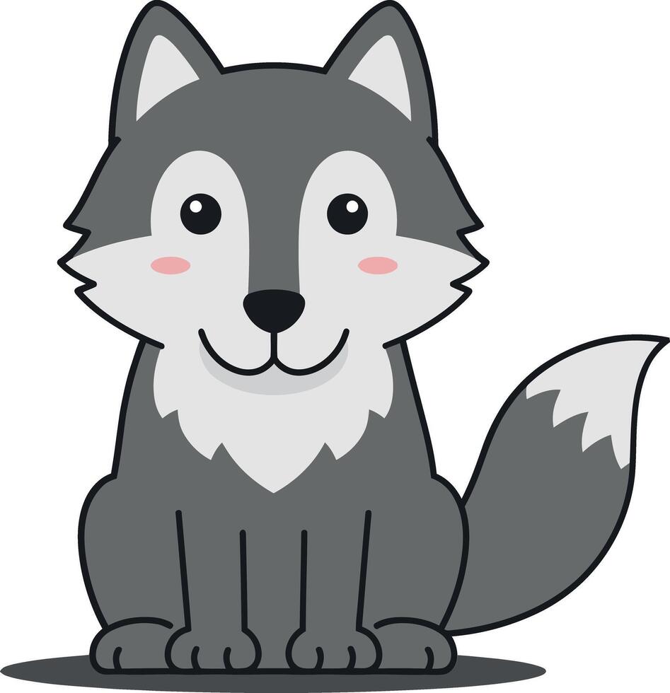 Cute cartoon wolf character with fluffy gray fur and cheerful expression in minimal flat illustration vector