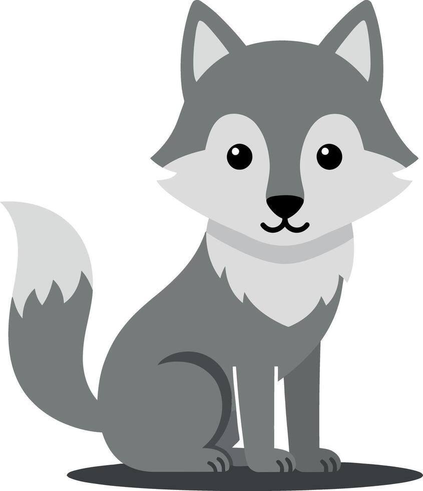 Cute sitting grey wolf character in a flat design style showcasing playful expression and friendly demeanor in art vector