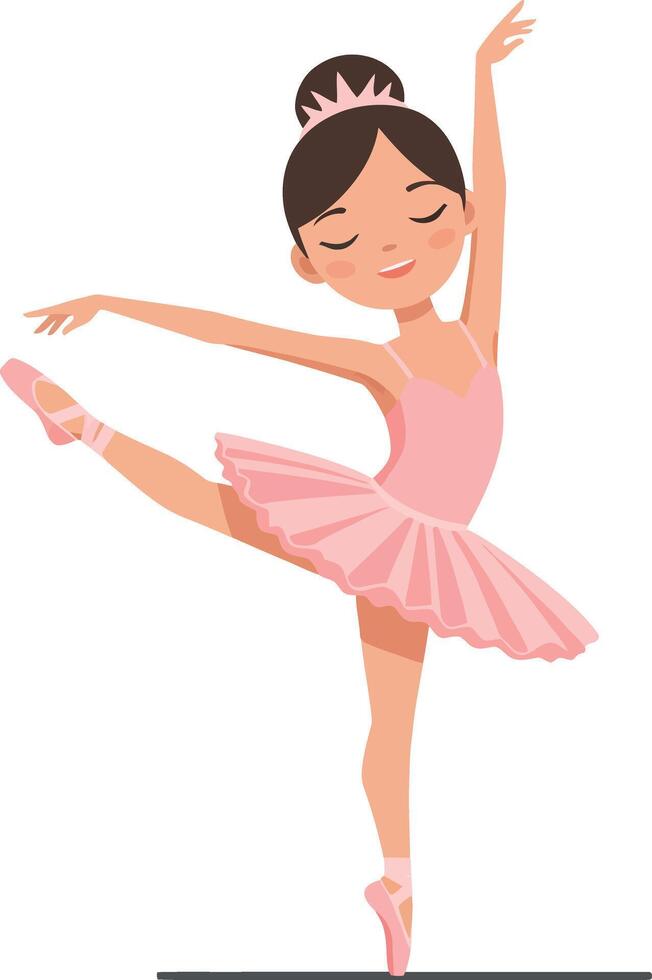 A joyful young ballerina in a pink tutu performing an elegant pose in a flat, minimal style illustration vector