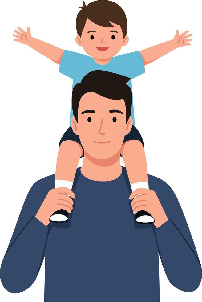 Father carrying son on shoulders in cheerful moment, flat style illustration showcasing joy and connection between parent and child vector