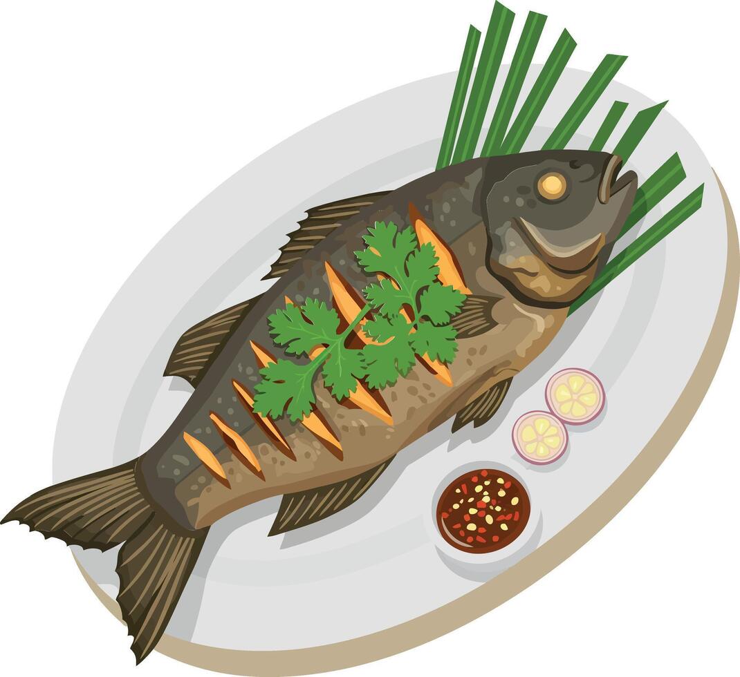 A beautifully presented whole fish garnished with green herbs and served with lemon slices and dipping sauce in flat art vector