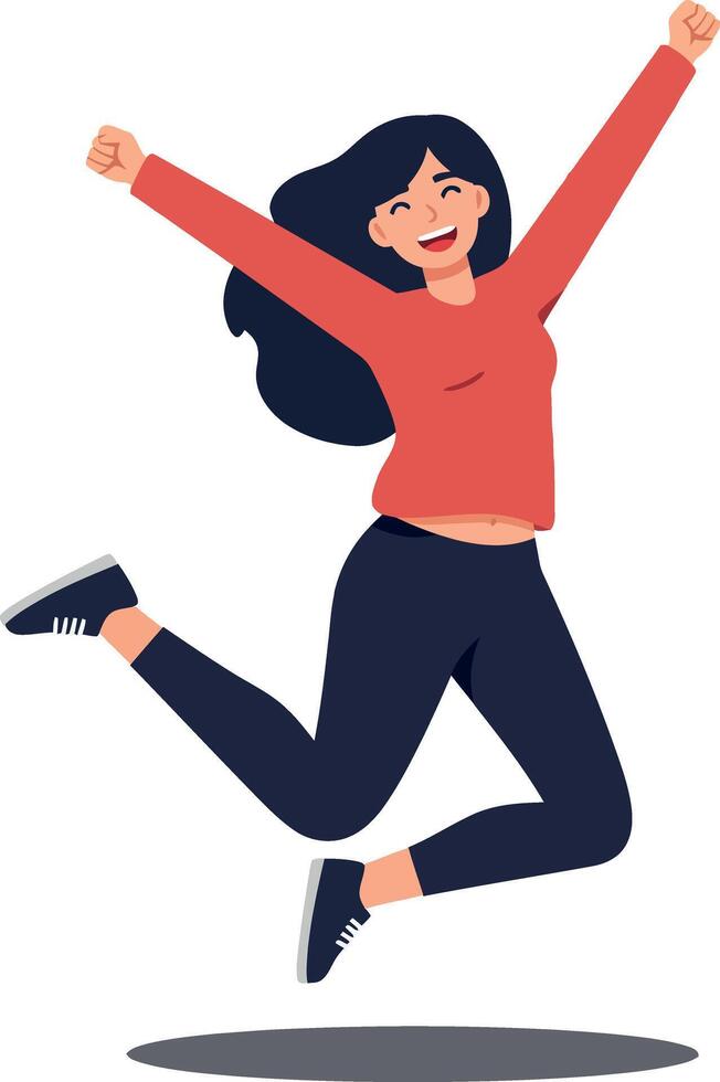 Joyful young woman in red shirt and black pants jumping with excitement in a playful, flat art style, conveying a sense of happiness and freedom in motion vector