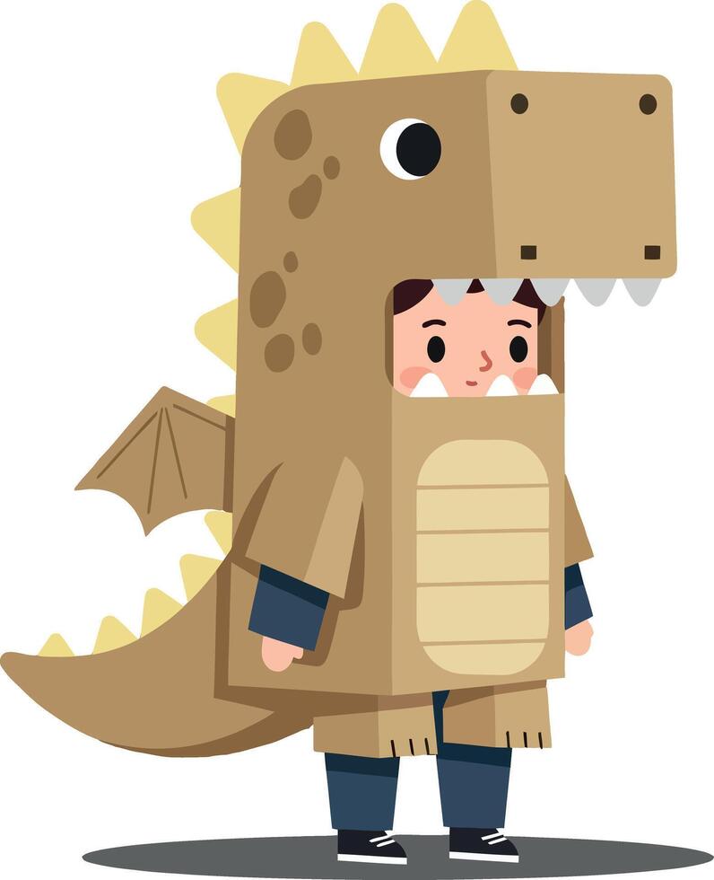 A playful child in a dinosaur costume with brown scales and playful wings, illustrated in a flat design style, showcasing joy and imagination in art vector