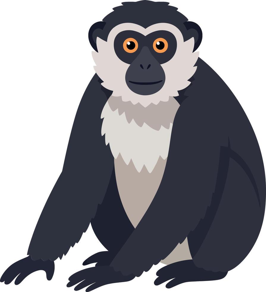 A playful black and white monkey sitting with a curious expression in a flat art style, showcasing vibrant colors and a friendly demeanor in a cheerful setting art vector