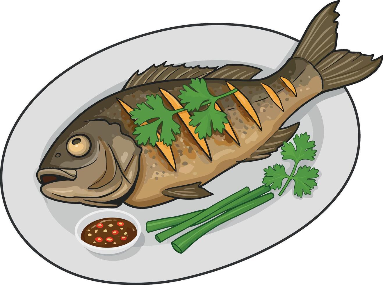 Grilled fish garnished with fresh herbs and sauce on a white plate in a minimal flat illustration vector