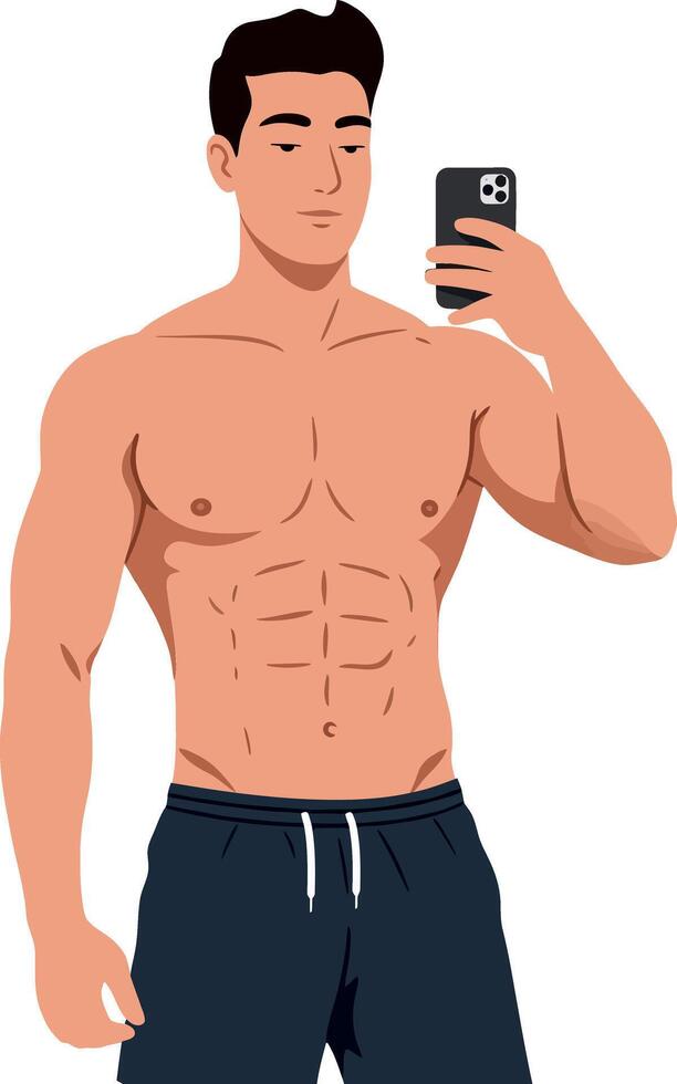 A muscular man taking a selfie with a smartphone while wearing casual shorts in a light and minimal flat illustration vector