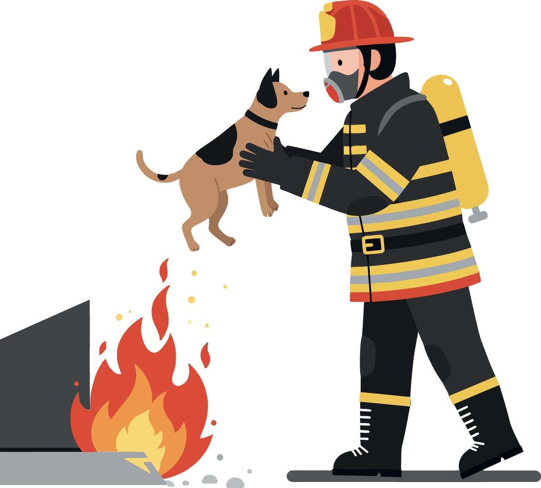 Firefighter rescuing a dog from flames in a detailed and vibrant flat illustration vector