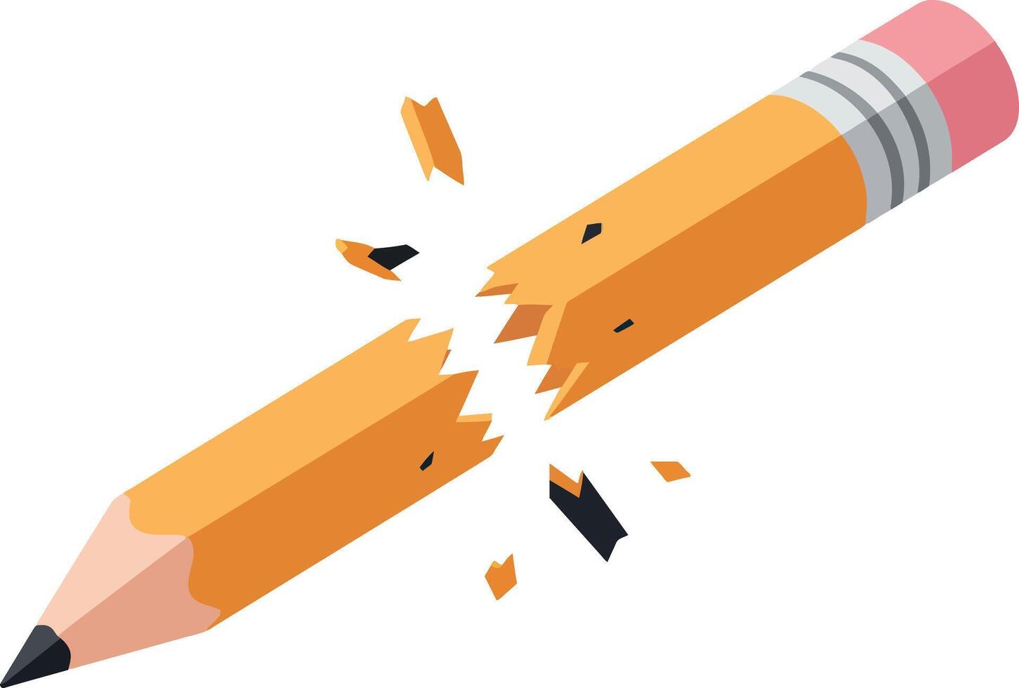 Broken yellow pencil with pink eraser and scattered wood shavings in a flat, minimal design style illustration vector