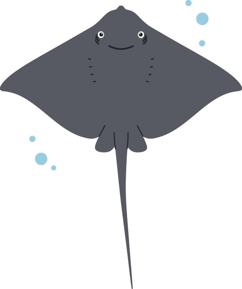 A cheerful grey ray swimming gracefully in a turquoise ocean, featuring flat design elements and playful bubbles, in vibrant illustration vector