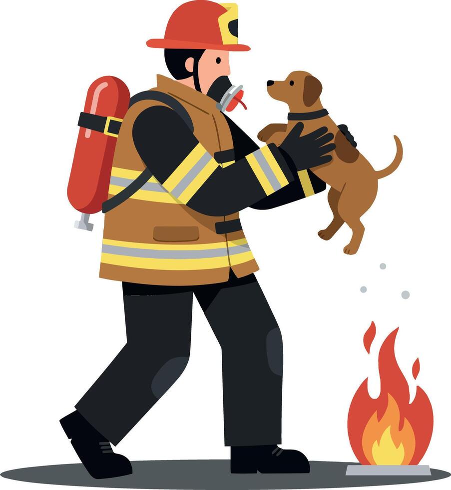 Firefighter rescuing a small brown dog from a fire in a detailed, flat design illustration vector