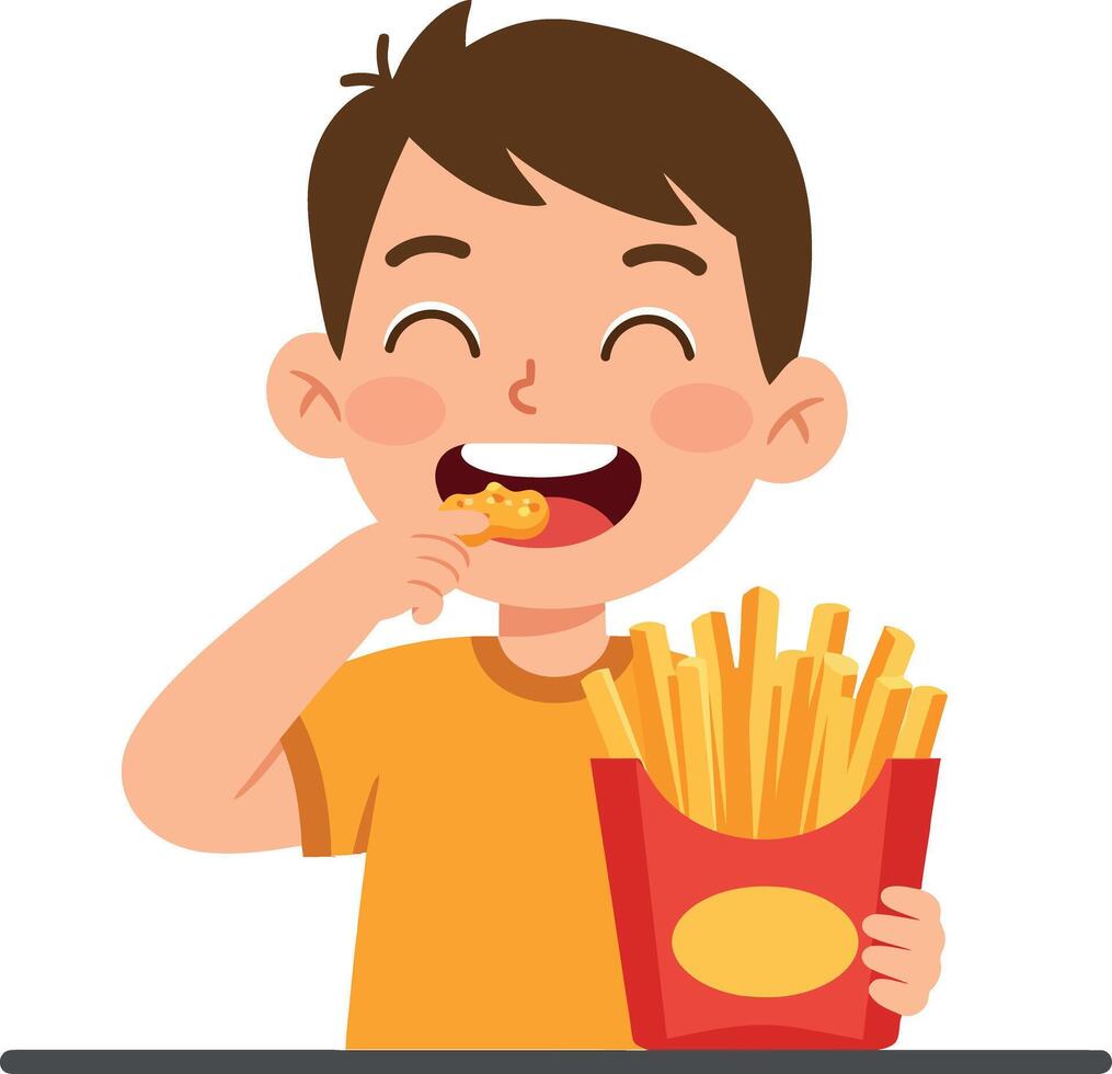 A cheerful boy enjoying crispy French fries and a snack while smiling brightly in a flat art style vector