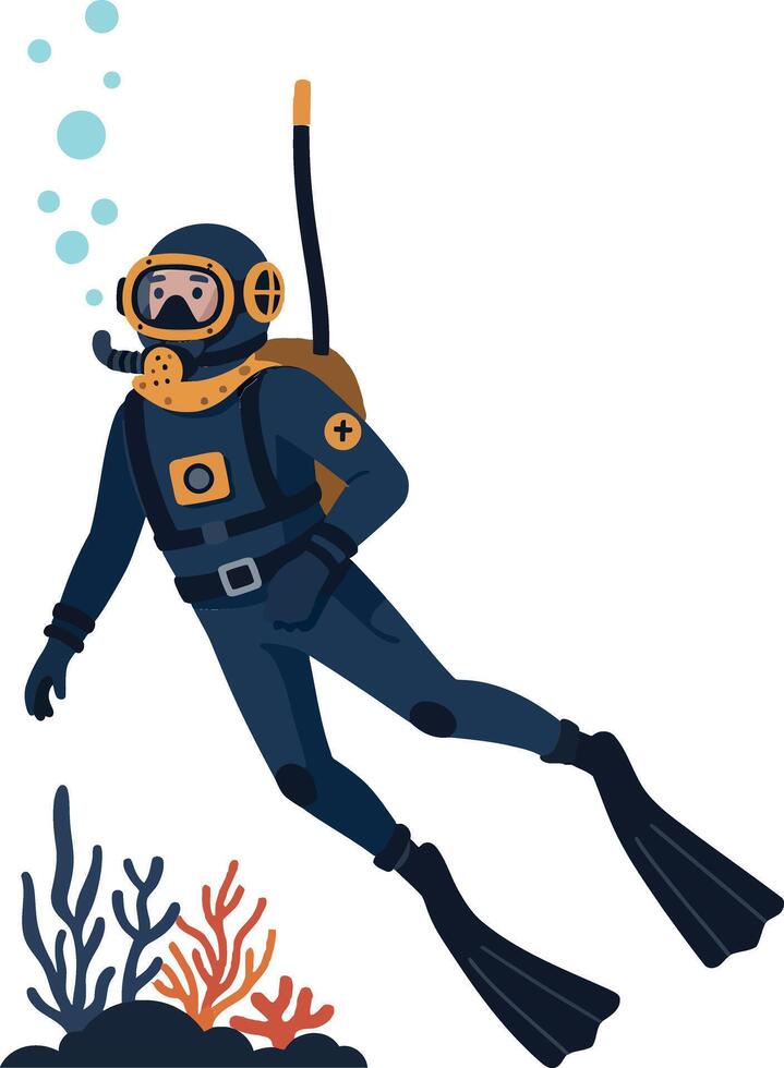 A diver exploring vibrant coral reefs in a serene underwater environment, featuring a flat design style in colorful art vector