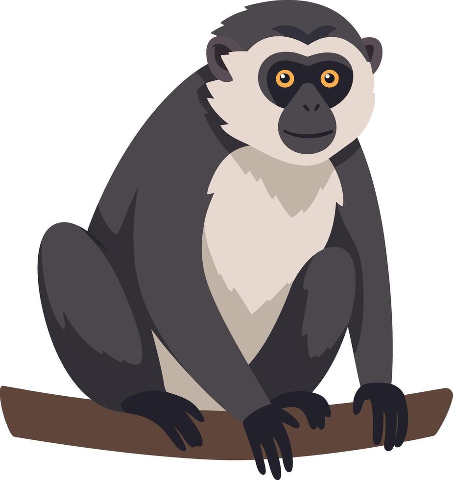 A playful monkey sitting on a branch with a curious expression in flat art style showcasing bold colors and simple shapes in a cheerful mood vector